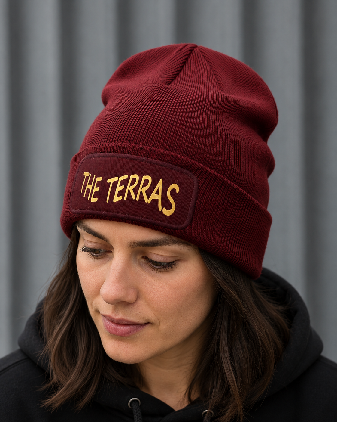 Claret The Terras beanie without bobble and gold lettering
