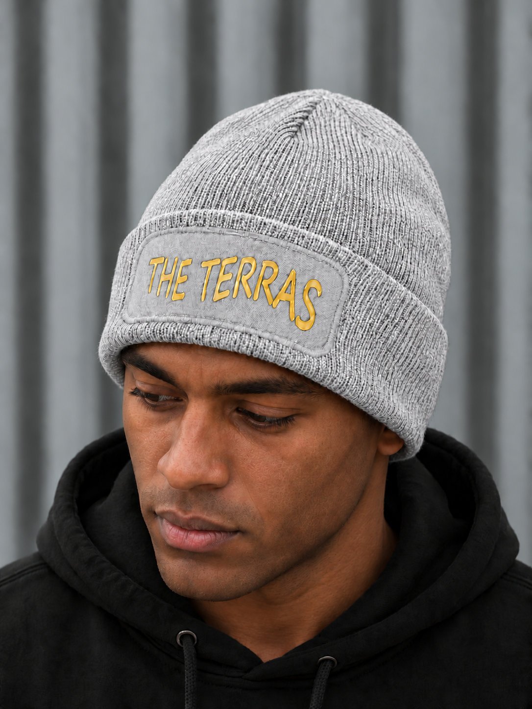 Light grey The Terras beanie without bobble, matching grey panel and gold lettering