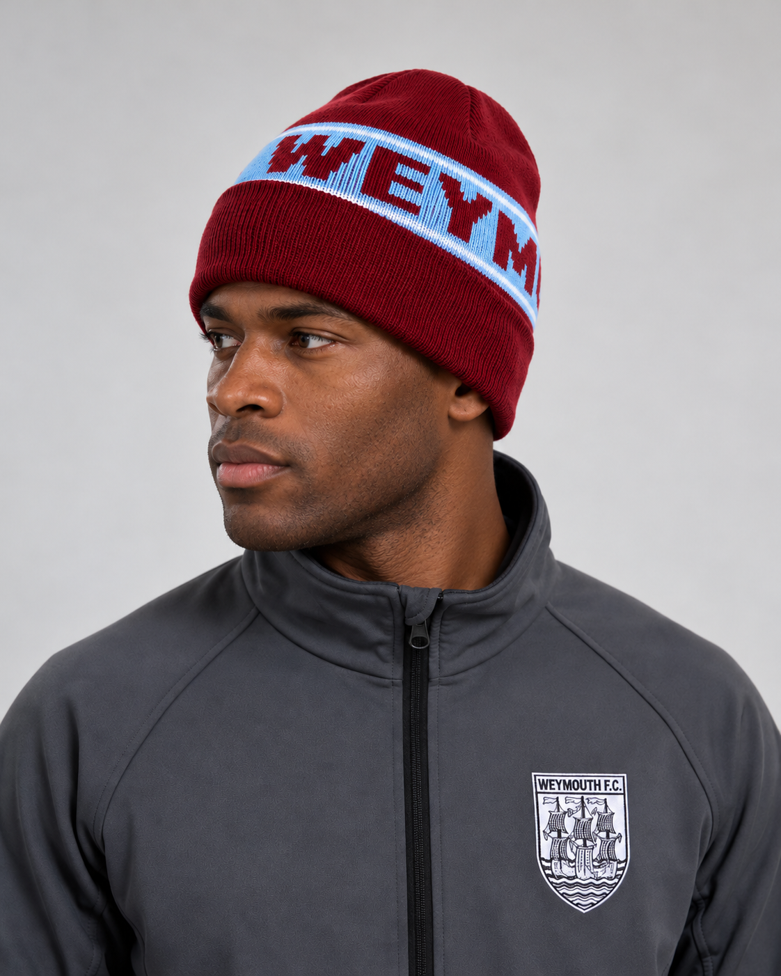 Claret and sky blue Weymouth FC beanie without bobble
